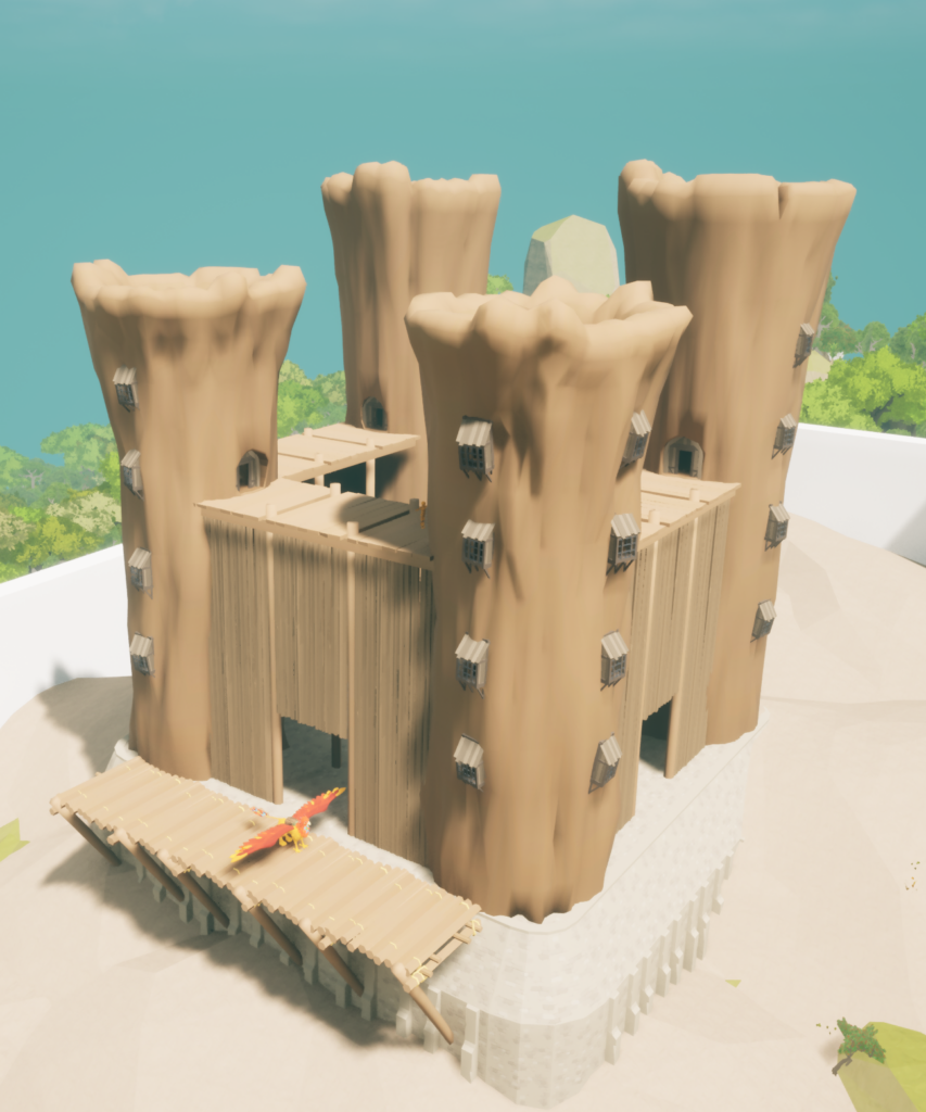 A wooden fortress with towers made from giant trees.